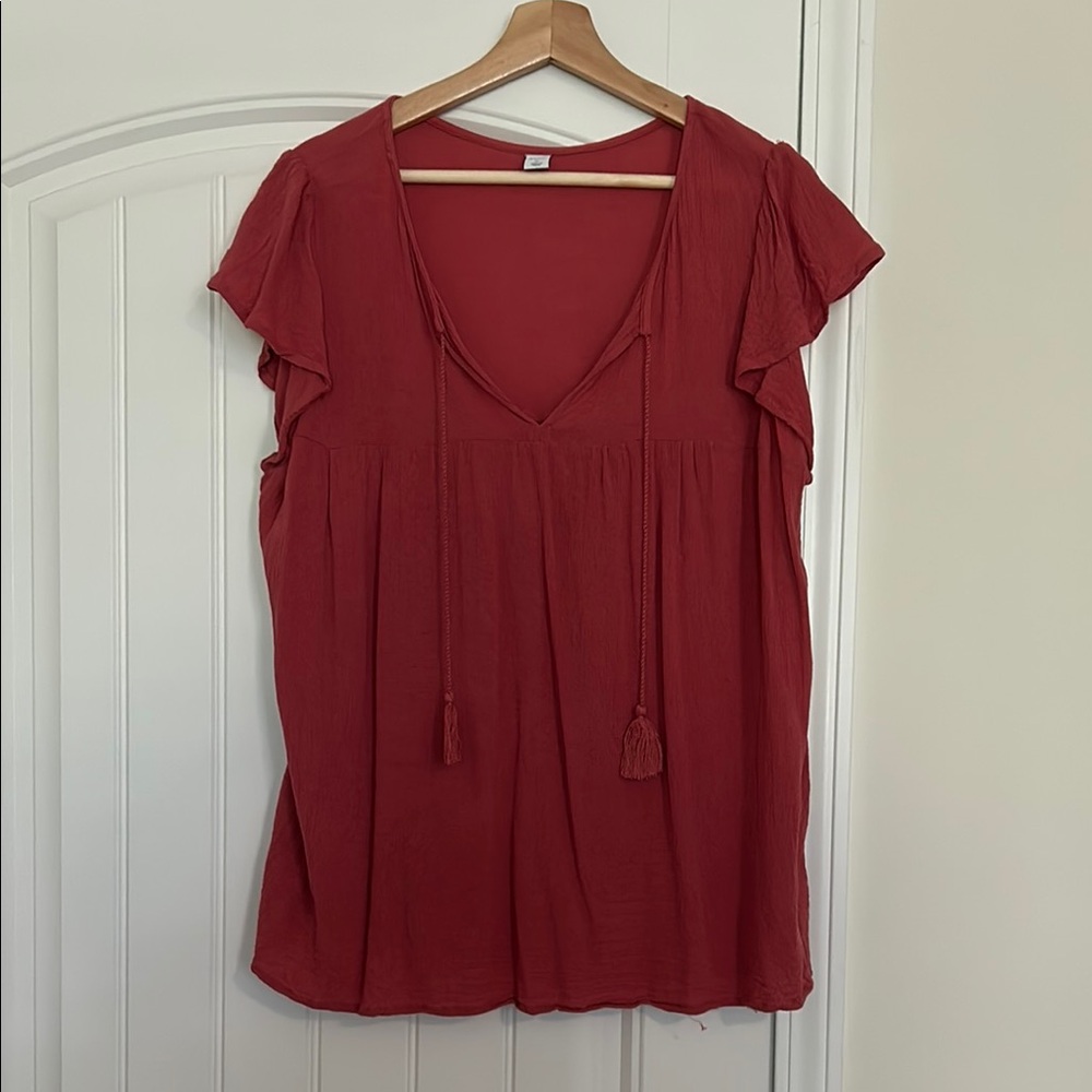 Old Navy Red Flutter Sleeve Blouse with Tie Front